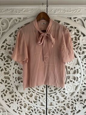 Little Moon Aritzia Blush Pink Tie Neck Puff Sleeve Blouse XS